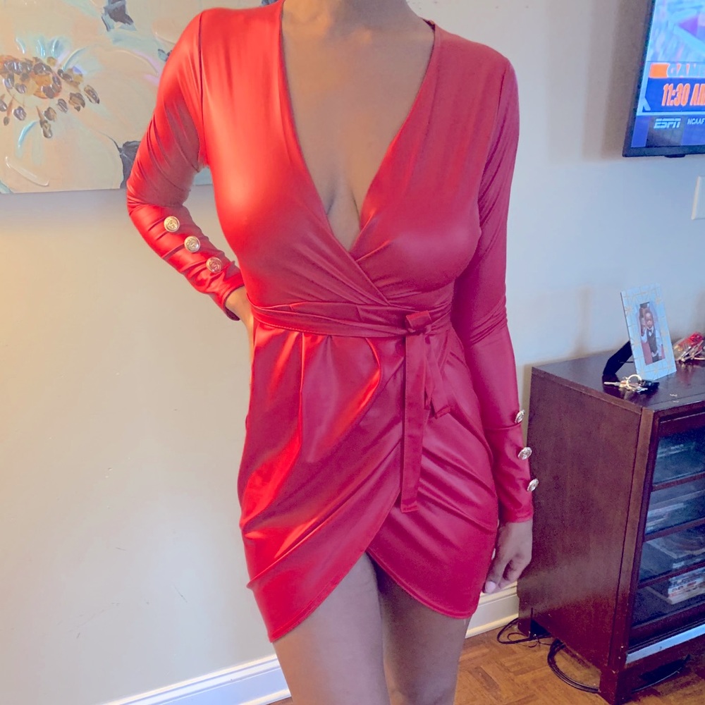 Red faux leather dress gold buttons on sleeves❤️